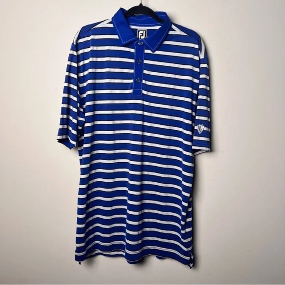 FootJoy Men's Polo with Blue Black White Stripes Charlotte Country Club logo XL